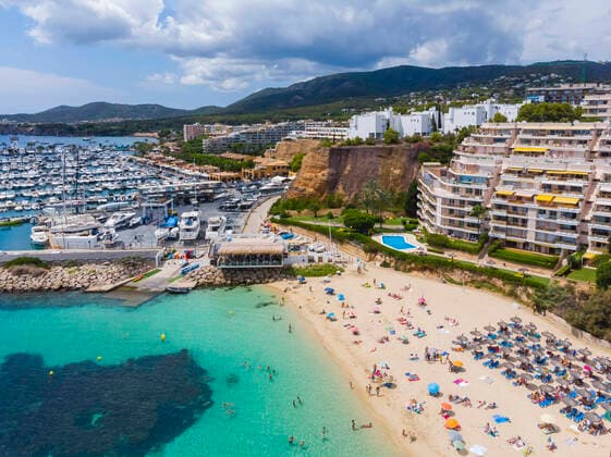 Spain, Balearic Islands, Mallorca, Aerial view of Portals Nous, beach Platja de S Oratori  AMF05942