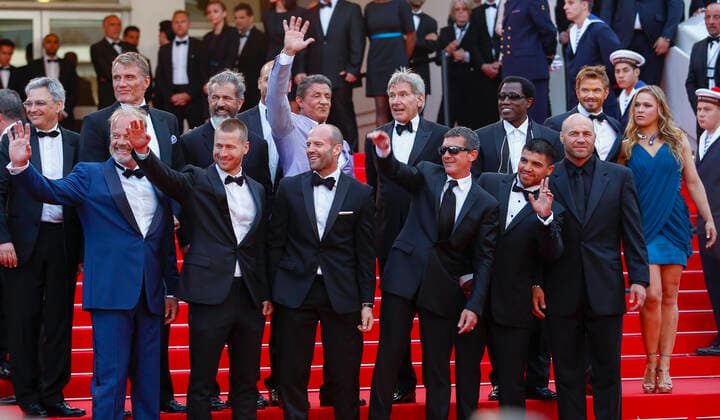 Front: Kelsey Grammer, Glen Powell, Jason Statham, Antonio Banderas, Victor Ortiz, Randy Couture,Back: Dolph Lundgren, Mel Gibson, Patrick Hughes, Sylvester Stallone, Harrison Ford, Wesley Snipes, Kellan Lutz & Ronda Rousey Actors The Homesman, Premiere, 67th Cannes Film Festival Cannes, France 18 May 2014 Copyright: MaryxEvansxAllstarxGrahamxWhitbyxBoot 12281896