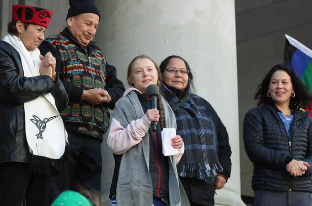 Swedish teen activist Greta Thunberg speaks after arriving for the post federal election Friday climate strike march starting and ending at the Vancouver Art Gallery in Vancouver, British Columbia on October 25, 2019. Organized by local youth-led, Sustainabiliteens, Greta and a turn out of nearly 10,000 climate activists demand action from industry and the various levels of government and are supporting the 15-youth who announced their plans to sue the federal government alleging it has contributed to climate change.  VAP2019102508 HEINZxRUCKEMANN