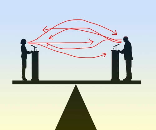 Mann und Frau in einer Debatte ausgeglichen auf einer Wippe *** Man and woman in a debate balanced on a seesaw  Copyright: xGaryxWatersx 11591966