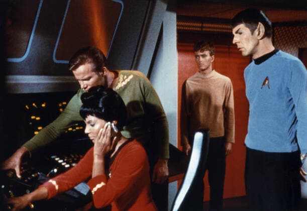 Nichelle Nichols, William Shatner & Leonard Nimoy Characters: Uhura, Captain James T. Kirk, Mr. Spock Television: Star Trek (TV-Serie) Usa 1966-1969, Star Trek: The Original Series Tos 08 September 1966  Copyright: MaryxEvansxAFxArchive 12081090 editorial use only