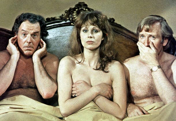 Brian Rix, Joanna Lumley & Leslie Phillips Characters: Barry Ovis,Miss Parkyn & Sir William Mainwaring-Brown - Minister Film: Don T Just Lie There, Say Something (1973) Director: Bob Kellett 25 March 1973  Copyright: ThexRankxAFxArchivexMaryxEvans 12454916 editorial use only