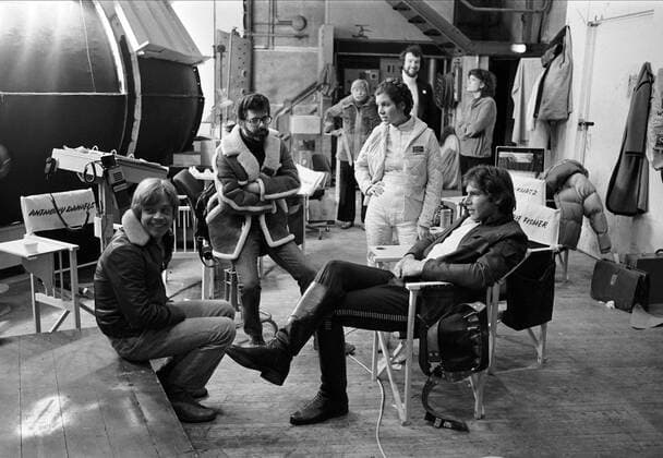 Mark Hamill, George Lucas, Carrie Fisher & Harrison Ford Film: Star Wars: Episode V - The Empire Strikes Back (1982) Director: Irvin Kershner 17 May 1980  Copyright: MaryxEvansxAFxArchivexLucasfilm 12472663 editorial use only