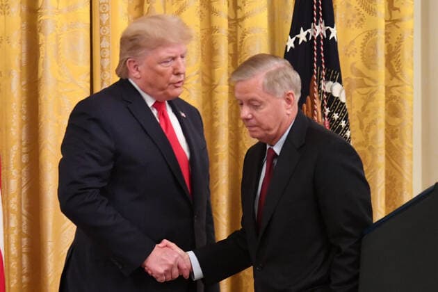 November 6, 2019, Washington DC, USA: 11 6 19- The White House - Washington DC.. President Donald J. Trump delivers remarks on federal judicial confirmation milestones in the East Room of The White House.Senator Lindsey Graham makes brief remarks. USA - ZUMAb189 20191106_znp_b189_013 Copyright: xChristyxBowex