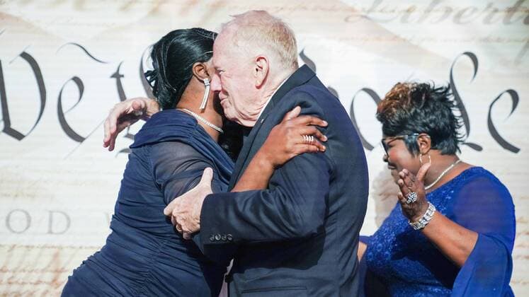 November 6, 2019, Florida, USA: St. Petersburg s Stuart Hostetter, 78, right, hugs Lynnette Diamond Hardaway, left, while meeting the Fox Nation duo known as Diamond and Silk, while attending the inaugural Fox Nation Patriot Awards at St. Petersburg s Mahaffey Theater on Wednesday night. Rochelle Silk Richardson is to the far right. USA - ZUMAs70_ 20191106_zan_s70_033 Copyright: xTampaxBayxTimesx