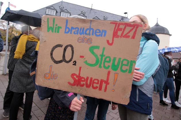 Erstmals fand eine Demonstration der Bewegung Fridays For Future in Hofheim, Main Taunus Kreis, Hessen, Deutschland statt. Plakat mit Aufschrift wir brauchen eine CO2 Steuer, die steuert.