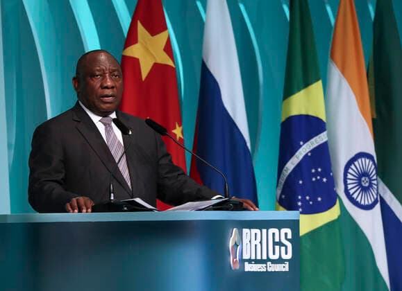 (191114) -- BRASILIA, Nov. 14, 2019 -- South African President Cyril Ramaphosa speaks at the closing ceremony of the BRICS business forum in Brasilia, Brazil, Nov. 13, 2019. ) BRAZIL-BRASILIA-BRICS BUSINESS FORUM-CLOSING CEREMONY LanxHongguang 