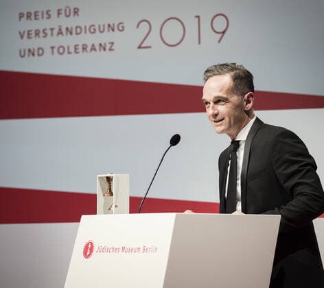Bundesaussenminister Heiko Maas, SPD, im Rahmen der Verleihung des Preises fuer Verstaendigung und Toleranz in Berlin, 16.11.2019. Berlin Deutschland