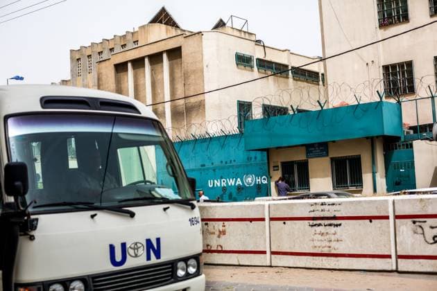 A United Nations (UN) vehicle passes the premises of the NGO UNRWA (United Nations Relief and Works Agency for Palestine Refugees in the Near East). The Gaza Strip is undergoing medical aid and donations from Muslim countries around the world. There are also many associations active in the field of health, education, for women s rights or for assistance to agriculture. May 10, 2018. Gaza City. Strip Gaza. Palestine.  MichaelxBunelx xLexPictorium LePictorium_0219879