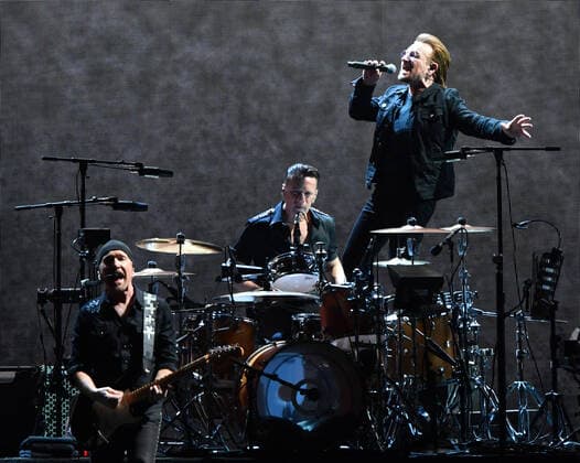 U2 JOSHUA TREE 2019 ADELAIDE, The Edge, Larry Mullen Jr and Bono from Irish rock band U2 perform at Adelaide Oval in Adelaide, Tuesday, November 19, 2019. The Joshua Tree Tour 2019 will see U2 return to New Zealand and Australia for the first time since 2010. ( NO ARCHIVING, EDITORIAL USE ONLY, NO USE IN BOOKS WITHOUT CONSENT ADELAIDE SA AUSTRALIA  Copyright: xSAMxWUNDKEx 20191119001433602555