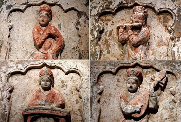 (191120) -- ZHENGZHOU, Nov. 20, 2019 -- Sculptures depicting music players and a dancer (top left) are on display during an exhibition on music and dancing along the ancient Silk Road in Zhengzhou, central China s Henan Province, in this combo photo taken on Nov. 19, 2019. More than 280 artifacts dating back to ancient China s Han, Tang, Song and Yuan dynasties are on display during the exhibition. ) CHINA-ZHENGZHOU-SILK ROAD-EXHIBITION (CN) LixAn 