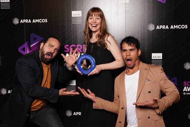 SCREEN MUSIC AWARDS 2019, Angela Little poses with Mark Coles Smith (Right) and Fabian Malabello (Left) after winning the Best Music for a Short Film category at the annual Screen Music Awards at Forum Melbourne in Melbourne, Wednesday, November 20, 2019. ( NO ARCHIVING, EDITORIAL USE ONLY, NO USE IN BOOKS WITHOUT CONSENT MELBOURNE VIC AUSTRALIA  Copyright: xSTEFANxPOSTLESx 20191120001433779408