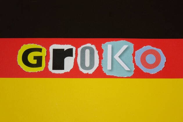 Deutschlandfahne und Groko Deutschlandfahne und Groko, 20.11.2019, Borkwalde, Brandenburg, Auf einer Deutschlandfahne liegen ausgerissene Buchstaben mit dem Wort Groko. *** Deutschlandfahne und Groko Deutschlandfahne und Groko, 20 11 2019, Borkwalde, Brandenburg, On a German flag there are torn letters with the word Groko on them