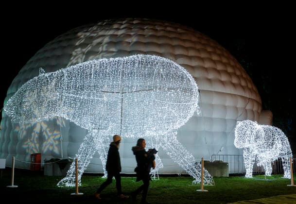 (191122) -- VANCOUVER, Nov. 22, 2019 (Xinhua) -- People walk past light displays during the Aurora Winter Festival in Vancouver, Canada. Nov. 21, 2019. Fifteen acres of open space are turned into a winter wonderland during the Aurora Winter Festival with light displays and holiday themed attractions. (Photo by Liang Sen Xinhua) CANADA-VANCOUVER-WINTER-FESTIVAL 