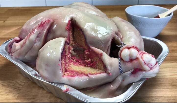 November 26, 2019, United Kingdom: Just in time for Thanksgiving Christmas - a plump raw turkey, that is actually a CAKE. ..British baking genius Sarah Hardy has created the horrifyingly beautiful sweet treat in time for the holiday season. ..But despite the unappetising appearing, Sarah says the cake is delicious to taste. ..She explains Ã¢â‚¬oeIt was made as a surprise for my family at Christmas and it certainly worked. Someone even got angry at the idiot who left raw turkey on the beautifully laid table! ..Ã¢â‚¬oeAlthough it looks rather unpalatable, it is made with a citrus drizzle sponge and basted in a zesty syrup. That and the marzipan mean it is rather tastier than it looks. It s funny how many people are revolted by it. I just find it funny. ..Ã¢â‚¬oeI am often asked why I didn t make it look like it was cooked - but where is the - ZUMAc218 20191126_zia_c218_012 Copyright: xSarahxHardy CoverxImagesx