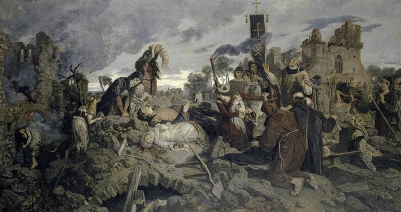 The earthquake of Basel in 1356, 1886, oil on canvas, 185.5 x 344.5 cm, FEC., E. STÜCKELBERG., 1886, Ernst Stückelberg, Basel 1831 1903 Basel  Copyright Artokoloro LC190917_053131