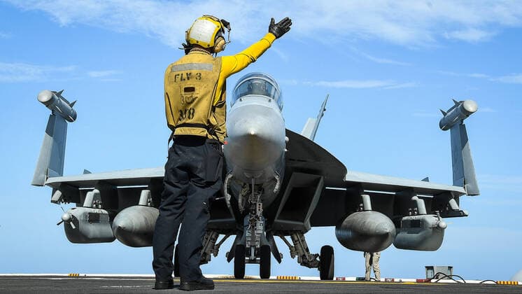 November 22, 2019, Uss Theodore Roosevelt, United States: U.S. Navy Aviation Boatswains Mate 3rd Class Derek Riley signals to the pilot of an E A-18G Growler Electronic fighter jet for take off from the flight deck of the Nimitz-class aircraft carrier USS Theodore Roosevelt during operations November 22, 2019 in the Eastern Pacific Ocean. Uss Theodore Roosevelt United States - ZUMAp138 20191122_zaa_p138_010 Copyright: xAlexxCorona Planetpixx
