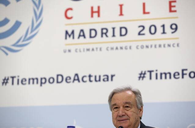 Bilder des Jahres 2019, News 12 Dezember News Themen der Woche KW48 News Bilder des Tages UN Secretary General, Antonio Guterres from Portugal, addresses a press conference to inform about the COP25 Climate Summit in Madrid, Spain, 01 December 2019. UN Climate Change Conference COP25 will run from 02 to 13 December 2019 in the Spanish capital. Antonio Guterres informs about COP25 !ACHTUNG: NUR REDAKTIONELLE NUTZUNG!  Copyright: xJavierxLizónx GRAF708 20191201-637108020880379429