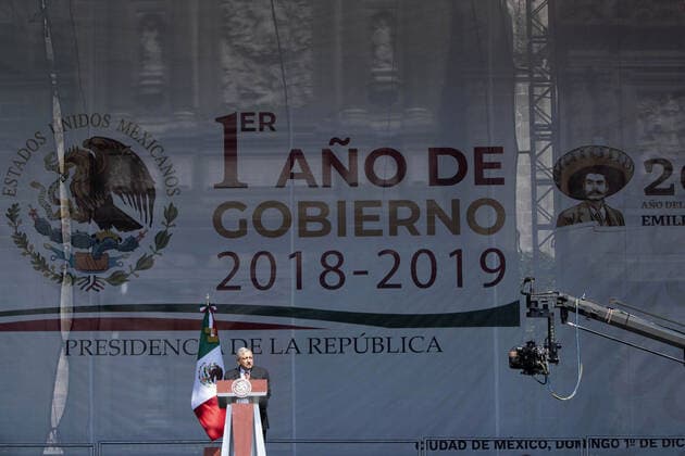 (191202) -- MEXICO CITY, Dec. 2, 2019 -- Mexican President Andres Manuel Lopez Obrador delivers a speech during a ceremony marking his first full year in office in Mexico City, capital of Mexico, on Dec. 1, 2019. Decreasing Mexico s high rates of violent crime is the government s main challenge, President Andres Manuel Lopez Obrador said on Sunday. (Photo by Xinhua) MEXICO-MEXICO CITY-PRESIDENT-CEREMONY DavidxdexlaxPaz 