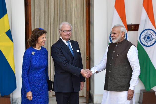 NEW DELHI, INDIA - DECEMBER 2: Prime Minister Narendra Modi shake hands with Swedish King Carl XVI Gustaf as Queen Silvia looks on before their meeting, at Hyderabad House, on December 2, 2019 in New Delhi, India. (Photo by Burhaan Kinu Hindustan Times) Swedish King Carl XVI Gustaf, Queen Silvia Meet Prime Minister Narendra Modi