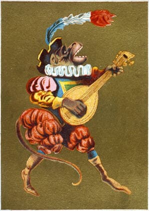 Singe Singe habille en troubadour jouant de la mandoline, chromo humoristique vers 1900. Credit : Collection KHARBINE TAPABOR. *** Monkey Monkey dresses as a troubadour playing the mandolin, humorous chromo around 1900 Credit Collection KHARBINE TAPABOR  KH1260