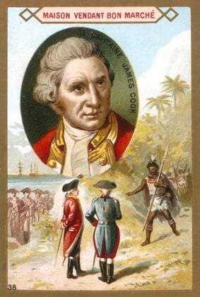 COOK James Biographie L explorateur et navigateur britannique James COOK (1728-1779) lors d une expedition en Nouvelle Zelande. Decouverte de la Nouvelle Zelande au 18eme siecle. Chromo publicitaire fin 19 s. Credit: Kharbine-Tapabor.