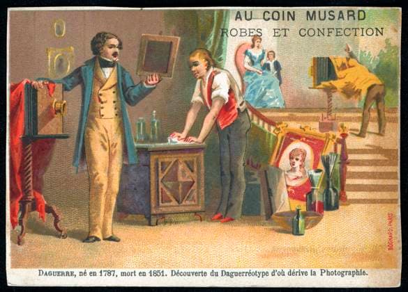DAGUERRE J. Biographie Louis Jacques Mande Daguerre (1787-1851). Decouverte d ou derive la photographie. Illustration anonyme pour un chromo publicitaire. Au coin Musard vers 1900. Credit : Collection KHARBINE-TAPABOR. *** DAGUERRE J Biography Louis Jacques Mande Daguerre 1787 1851 Discovery of photography Anonymous illustration for an advertising chromo At the corner of Musard around 1900 Credit Collection KHARBINE TAPABOR  KH28843