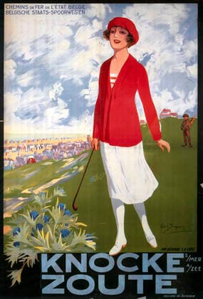 PUB TOURISME annees 20 Knocke - Zoute , station balneaire belge - une femme joue au golf. Affiche publicitaire des Chemins de Fer de l Etat vers 1925. Illustration par E. DUPUIS (1866-1942). Credit : Collection SSPL KHARBINE-TAPABOR. *** TOURISM ADVERTISING in the 1920s Knocke Zoute, a Belgian seaside resort, a woman plays golf Advertising poster of the State Railways around 1925 Illustration by E DUPUIS 1866 1942 Credit Collection SSPL KHARBINE TAPABOR  KH300073