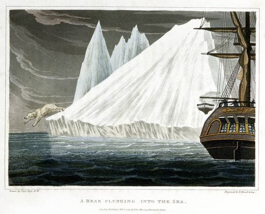 John ROSS au Pole nord Ours polaire sautant d un iceberg a l approche du bateau de John Ross, parti a la recherche de John FRANKLIN (1786-1847). Recit dans A Voyage of discovery for the purpose of exploring the Baffin s bay and inquiring into the probability of a north-west passage par John ROSS (1777-1856). Credit : Collection Grob KHARBINE-TAPABOR. *** John ROSS at the North Pole Polar Bear jumping from an iceberg to John Ross boat, searching for John FRANKLIN 1786 1847 Recit in A Voyage of discovery for the purpose of exploring the Baffin s bay and inquiring into the probability of a north west passage by John ROSS 1777 1856 Credit Collection Grob KHARBINE TAPABOR  KH36249