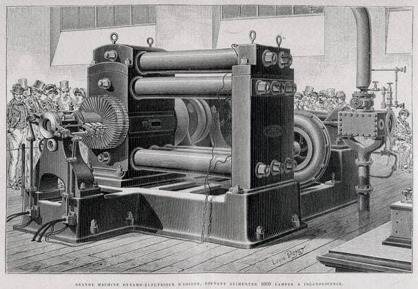 EDISON Grande machine dynamo-electrique d EDISON pouvant alimenter 1000 lampes a incandescence presentee a l Exposition Internationale d Electricite au Palais de l Industrie en 1881. Gravure in Principales applications de l electricite par E. HOSPITALIER, 1882. Credit Collection Kharbine Tapabor *** EDISON Large EDISON dynamo electric machine capable of operating 1000 incandescent lamps presented at the International Exhibition of Electricity at the Palais de lIndustrie in 1881 Engraving in Main applications of electricity by E HOSPITALIER, 1882 Credit Collection Kharbine Tapabor  KH36707
