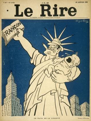 Etats-Unis Le pays de la Liberte : la statue de la liberte en gangster a propos de l enlevement du bebe de l aviateur Lindbergh (1902-1974). Couverture du Rire du 18 janvier 1936, illustration Roger ROY (DR). Credit : Collection KHARBINE-TAPABOR. *** United States The Land of Liberty the statue of freedom in gangster about the kidnapping of the baby of the aviator Lindbergh 1902 1974 Cover of Laughter of January 18, 1936, illustration Roger ROY DR Credit Collection KHARBINE TAPABOR  KH4111