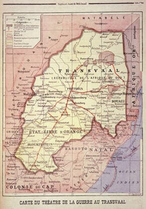 Guerre des Boers Carte du theatre de la guerre au Transvaal , guerre qui opposa les Britanniques aux Etats Boers du Transvaal, en Afrique australe, de 1899 a 1902. Illustration du Petit Journal, sans date. Credit : Collection KHARBINE-TAPABOR. *** Boer War Map of the theatre of war in Transvaal, a war between the British and the Boer states of Transvaal, southern Africa, from 1899 to 1902 Illustration of the Petit Journal, undated Credit Collection KHARBINE TAPABOR  KH414