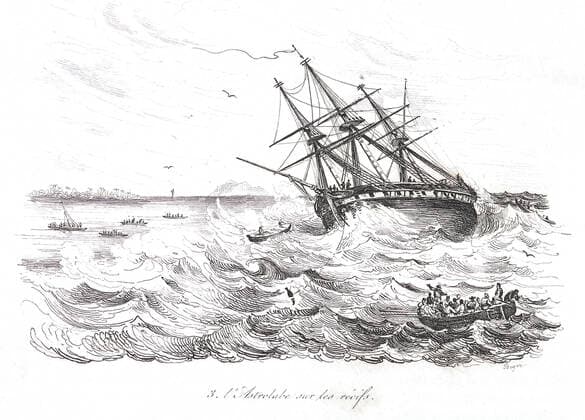 DUMONT d URVILLE L Astrolabe de DUMONT d URVILLE (1790-1842) sur les recifs. Gravure par Louis Auguste de SAINSON (1801-1887) pour Voyage pittoresque autour du monde par DUMONT d URVILLE (1790-1842). Credit : Coll. Jonas KHARBINE-TAPABOR. *** DUMONT d URVILLE L Astrolabe de DUMONT d URVILLE 1790 1842 on the reefs Engraving by Louis Auguste de SAINSON 1801 1887 for picturesque journey around the world by DUMONT d URVILLE 1790 1842 Credit Coll Jonas KHARBINE TAPABOR  KH42481