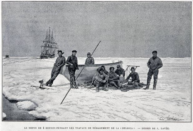 Adrien de GERLACHE Le repos de 4 heures pendant les travaux de degagement de la Belgica , Illustration de Jules LAVEE pour Quinze mois dans l Antarctique par Adrien de GERLACHE (1866-1934) repris dans Le Tour du Monde de 1901. Credit : Collection KHARBINE-TAPABOR.