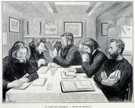 DE GERLACHE Le carre des officiers , illustration par Louis MALTESTE (1862-1928) ipour Quinze mois dans l Antarctique par Adrien de GERLACHE (1866-1934) repris dans Le Tour du Monde de 1901. Credit : Collection KHARBINE-TAPABOR.