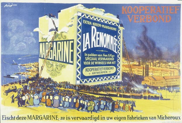 Affiche publicitaire Affiche publicitaire belge pour la margarine La Renommee de Micheroux. Credit : Coll. Dixmier KHARBINE-TAPABOR. *** Advertising poster Belgian advertising poster for margarine La Renommee de Micheroux Credit Coll Dixmier KHARBINE TAPABOR  KH52072