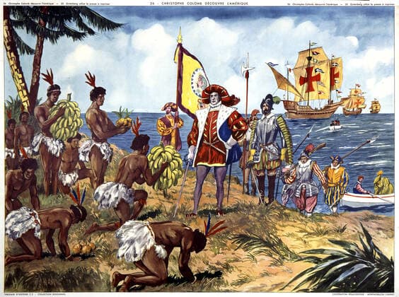 IMAGO History, Entdeckung Amerikas durch Christoph Kolumbus 1492 Christophe Colomb En octobre 1492, Christophe COLOMB (1451-1506), persuade d etre arrive jusqu aux Indes, decouvre les iles du continent americain . Panneau scolaire des editions Rossignol. Credit: Imagerie Rossignol KHARBINE-TAPABOR. *** Christopher Columbus In October 1492, Christopher COLOMB 1451 1506, convinced that he had arrived in India, discovered the islands of the American continent School board of Rossignol Credit Imagerie Rossignol KHARBINE TAPABOR  KH66487
