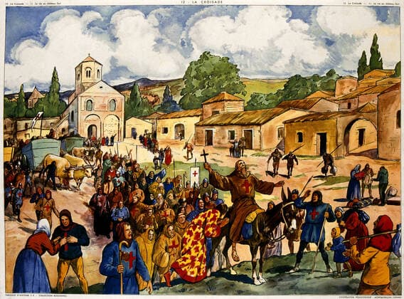 Croisade La premiere croisade est prechee par le Pape Urbain II en 1095, la neuvieme et derniere eut lieue en 1274. Panneau scolaire des editions Rossignol,1953. Credit : Imagerie Rossignol KHARBINE-TAPABOR.