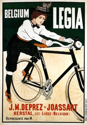 Cycles Publicite anonyme pour la marque belge de cycles LEGIA. Affiche representant une femme en pantalon de velo, s appretant a monter sur sa bicyclette, vers 1900. Credit : Coll. Perrin KHARBINE-TAPABOR. *** Anonymous advertising cycles for the Belgian bicycle brand LEGIA Poster representing a woman in bicycle pants, getting ready to ride her bicycle, around 1900 Credit Coll Perrin KHARBINE TAPABOR  KH68470