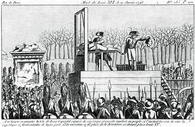 REVOLUTION FRANCAISE Mort de Louis XVI. 21 janvier 1793, A 10 heures 10 minutes, la tete de Louis CAPET fut separee de son corps et ensuite montree au peuple. Cette execution se fit Place de la Revolution ci-devant Place Louis XV. Credit : Collection KHARBINE-TAPABOR.