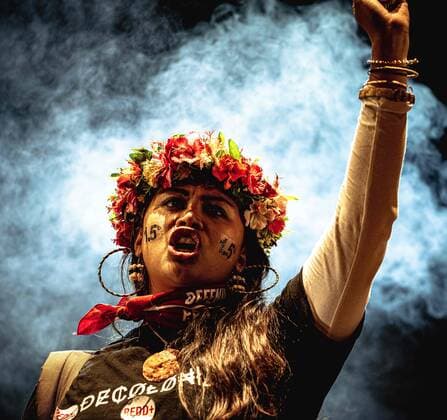 December 6, 2019, Madrid, Spain: An indigenous activist shouts slogans at the end of a rally demanding climate change action during the 25th UN climate change conference taking place in Madrid. Madrid Spain - ZUMAo105 20191206_zap_o105_023 Copyright: xMatthiasxOesterlex