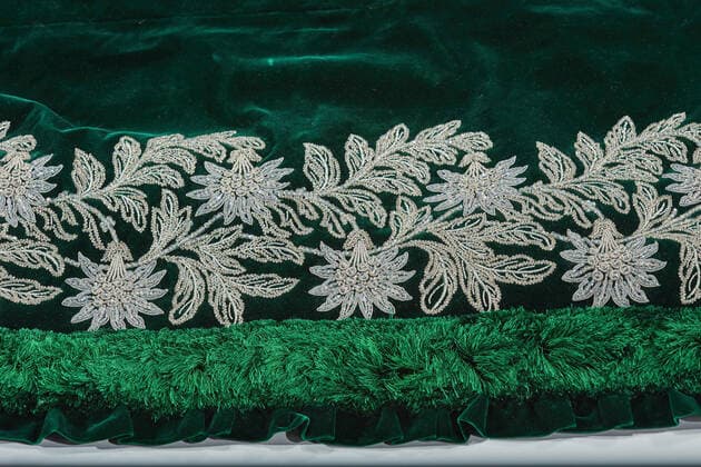 Imperial Russian court dress, Charles Frederick Worth, Designer (English, 1825-1895), about 1888, silk velvet, silver lame moire, embroidered with clear glass crystals, silver sequins, silver foil, silver strips, A) bodice: shoulder to hem 14 in., waist 27 in. B) skirt: front to hem 47-1 2 in. C) train: 130 x 60 in., Label: Paris, C WORTH, Paris, Textile and Fashion Arts Copyright Artokoloro LC190917_095542