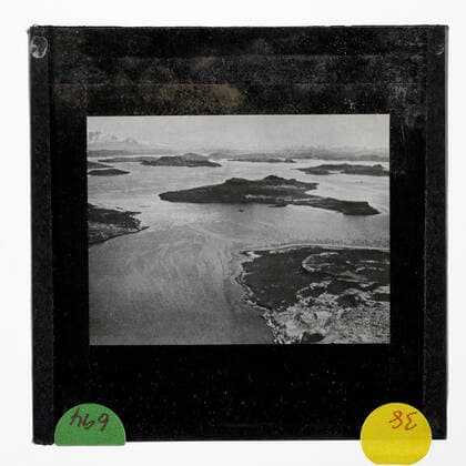 Lantern Slide - Aerial View of the Kerguelen Lakes, BANZARE Voyage 1, Antarctica, 1929-1930, Lantern slide of Kerguelen Lakes, Antarctica. One of 328 images in various formats including artworks, photographs, glass negatives and lantern slides.  Copyright Artokoloro LC190917_104966
