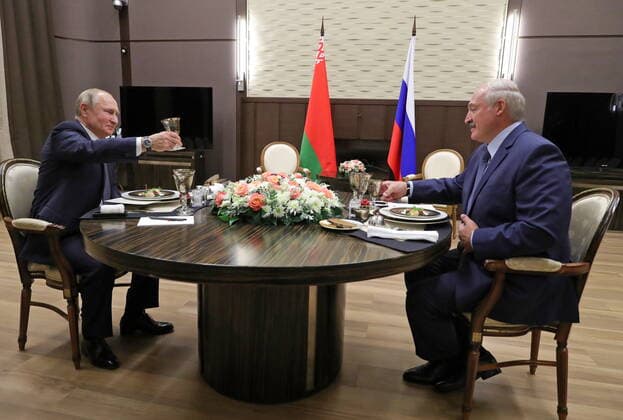 SOCHI, RUSSIA â€“ DECEMBER 7, 2019: Russia s President Vladimir Putin (L) and Belarus President Alexander Lukashenko during a meeting at Bocharov Ruchei residence. Mikhail Klimentyev Russian Presidential Press and Information Office TASS  TS0C6621