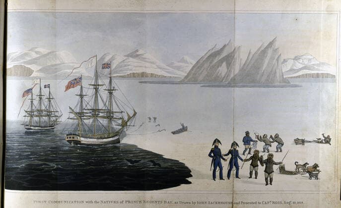 ESQUIMAUX Premiere communication avec les esquimaux dans la baie du Prince Regent (1818). Illustration tiree de l ouvrage de John ROSS (1777-1856) Voyage of discovery... , publie en 1819 (19eme, XIXe, 19e s.). Ouvrage conserve aux Archives et Bibliotheque de la Marine, a Vincennes. Credit : collection JEAN VIGNE Kharbine-Tapabor. *** ESQUIMALS First communication with the Eskimos in Prince Regent Bay 1818 Illustration from John ROSS 1777 1856 Voyage of discovery, published in 1819 19th, 19th, 19th s Book kept at the Archives and Library of the Navy, in Vincennes Credit collection JEAN VIGNE Kharbine Tapabor  KH120457