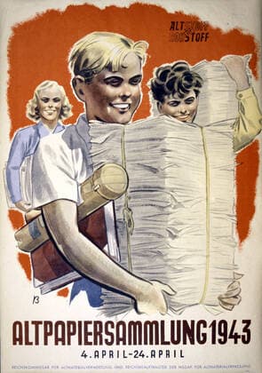 Deuxieme guerre mondiale Affiche allemande pour encourager les enfants au recyclage du vieux papier editee pendant la deuxieme guerre mondiale par le NSDAP parti nazi, en 1943. Credit : Collection JEAN VIGNE KHARBINE-TAPABOR.