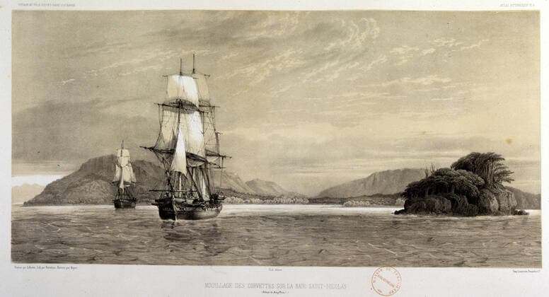 Voyage DUMONT d URVILLE Voyages de DUMONT D URVILLE: l Astrolabe et la Zelee au mouillage sur la baie Saint-Nicolas dans le detroit de Magellan. Voyages au Pole Sud et en Oceanie, de 1837 a 1840. edition de 1846. Lithographie par L. Le Breton.Voyages geographiques et explorations au 19eme siecle, XIXe s. Ouvrage conserve a la bibliotheque de versailles. Credit Collection JEAN VIGNE KHARBINE TAPABOR *** Voyage DUMONT d URVILLE Voyages de DUMONT D URVILLE l Astrolabe et la Zelee au mouillage sur la baie Saint Nicolas dans le detroit de Magellan Voyages au Pole Sud et en Oceanie, de 1837 a 1840 edition de 1846 Lithographie par L Le Breton Voyages géographiques et explorations au 19eme siecle, XIXe s Ouvrage conserve a la bibliothèque de versailles Credit Collection JEAN VIGNE KHARBINE TAPABOR  KH123468