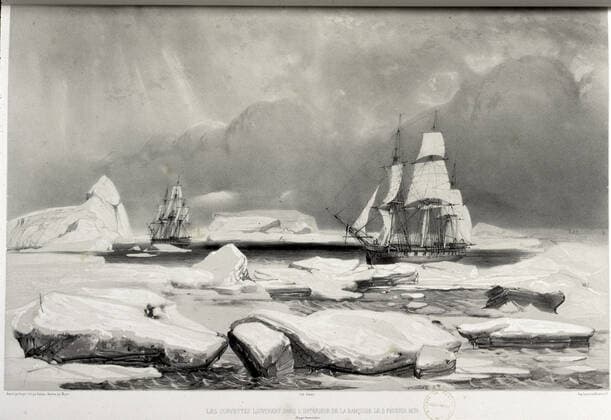 Voyage DUMONT d URVILLE Voyages de DUMONT D URVILLE: Les Corvettes L Astrolabe et la Zelee dans les glaces, antartique, 5 fevrier 1838. Voyages au Pole Sud et en Oceanie, de 1837 a 1840. edition de 1846.Dessin par Goupil et Mayer, lithographie. Voyages geographiques et explorations au 19eme siecle, XIXe s. Ouvrage conserve a la bibliotheque de versailles. Credit Collection JEAN VIGNE KHARBINE TAPABOR *** DUMONT d URVILLE trip DUMONT d URVILLE trips Corvettes L Astrolabe and Zelee in the ice, Antarctica, February 5, 1838 Trips to the South Pole and Oceania, from 1837 to 1840 edition of 1846 Drawing by Goupil and Mayer, lithography Geographical journeys and explorations in the 19th century, 19th century Books kept at the Versailles library Credit Collection JEAN VIGNE KHARBINE TAPABOR  KH123472
