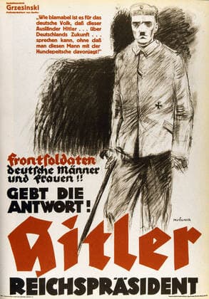 ALLEMAGNE Affiche electorale de 1932 par le parti nazi en faveur d Adolf HITLER (1889-1945) et destinee aux anciens combattants. Montee des fascismes entre les deux guerres. Credit : Coll. JeanVigne KHARBINE-TAPABOR.