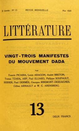 REVUE MENSUELLE Debut XXeme s. Les 23 manifestes du mouvement Dada n°13 en mai 1920 pour la revue mensuelle Litterature (XXeme s., 20eme s., 20e s.) Credit : JEAN VIGNE KHARBINE TAPABOR.